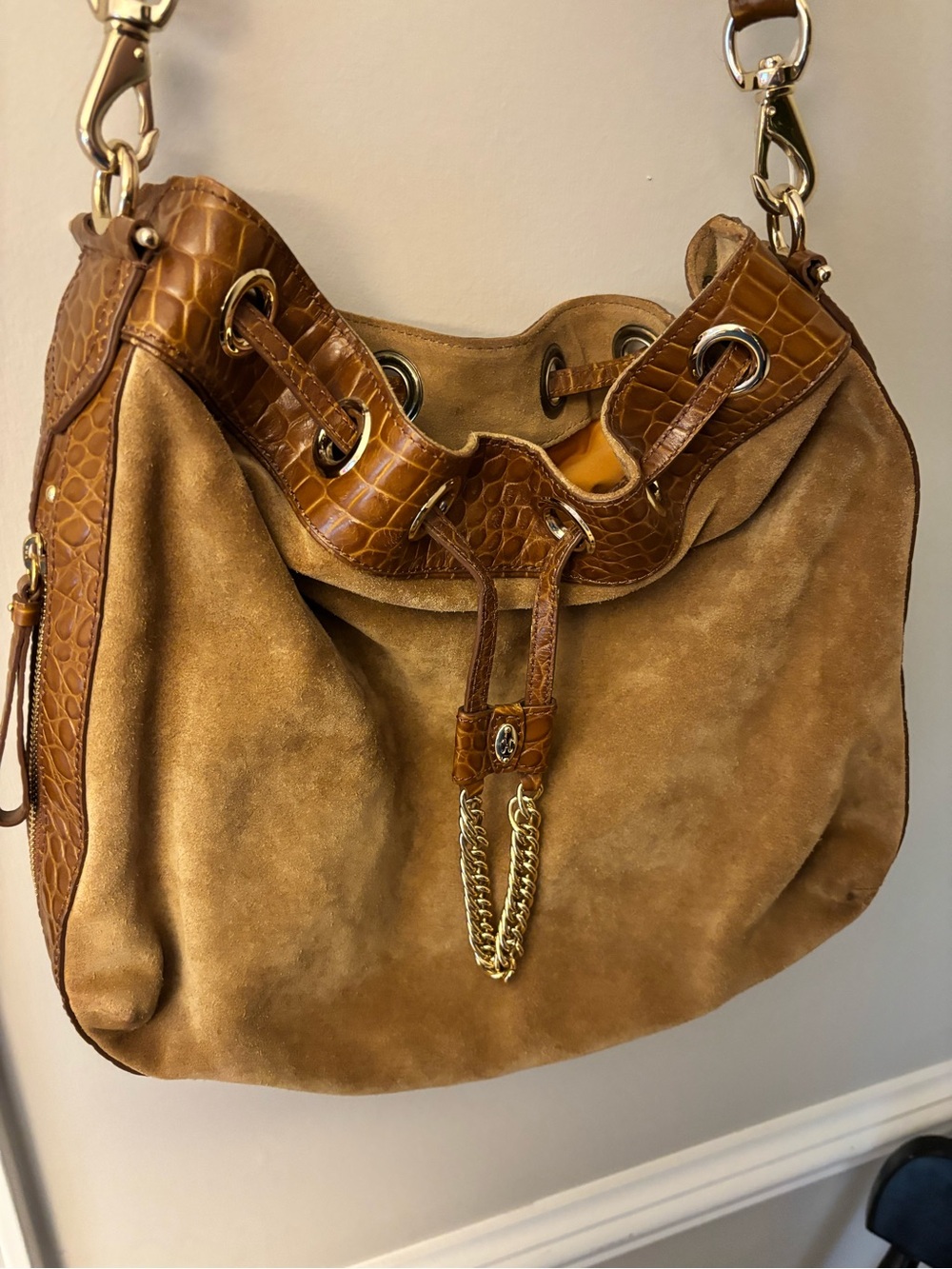 Cole Haan Lilly Slouchy Suede Hobo Bag – Chestnut Brown & Croc Trim